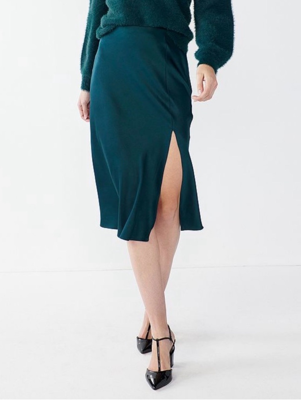 NWT: Nine West x Cara Santana Emerald Satin Skirt with Side Slit